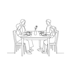 Family dining around a table with food and drinks in simple line art  