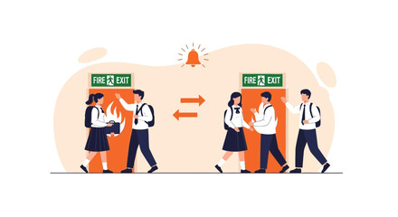 Naklejka premium Emergency Evacuation Drill In School Building With Students And Teachers