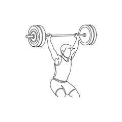 Obraz premium Man lifting barbell in athletic pose with weights in gym 