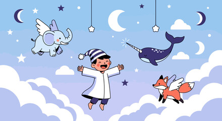 Naklejka premium Enchanting dreamscape featuring a child with flying animals in the night sky among clouds