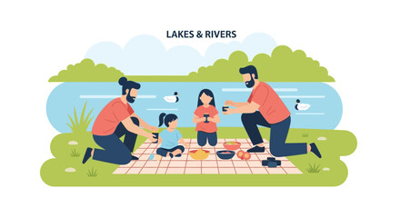 Family Picnic By the Lake With Modern Parents and Playful Daughters