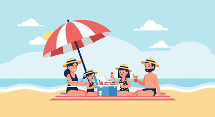 Family vacation on a sunny beach enjoying the summer season together happily