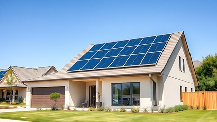 Modern suburban house featuring solar panels and clean architectural lines under a sunny blue sky.