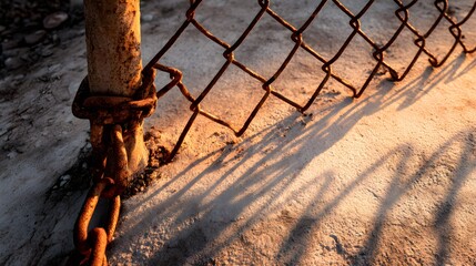 Rusty Chain Link Fence Shadow on Concrete at Sunset