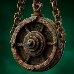 Rusty Chain Hoist Wheel with Green Background