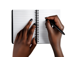 African-American female hands holding pen and writing in notebook, isolated on white or transparent background