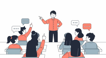 Engaging classroom scene with a teacher and students actively participating through questions and discussion