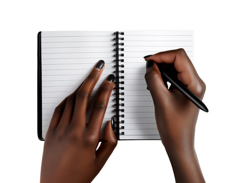African-American female hands holding pen and writing in notebook, isolated on white or transparent background