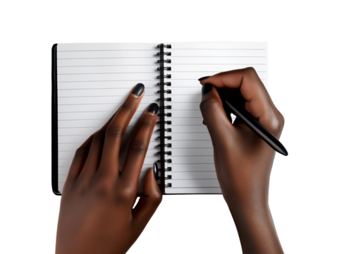 African-American female hands holding pen and writing in notebook, isolated on white or transparent background