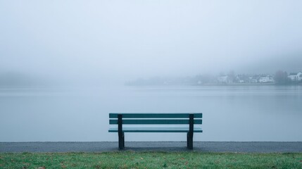 Serene lake view shrouded in mist with solitary bench inviting r