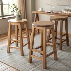 Rustic wooden bar stools arranged around a high counter in a cozy home setting
