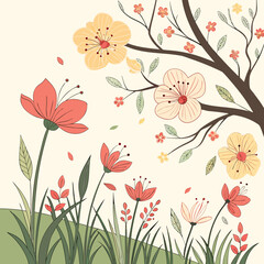 Minimalist Floral Vector with Red and Yellow Blossoms in Spring Scene