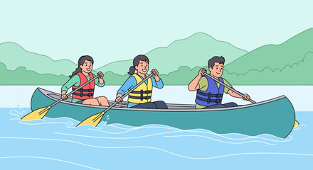 Enthusiastic Friends Enjoying Canoeing Adventure Together on a Sunny Day