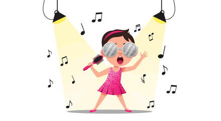 Enthusiastic girl cartoon character singing with a hairbrush under spotlight beams radiating creative energy and joy in performance