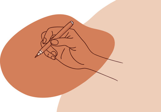 Minimalist line art of a hand holding a pen writing on a textured background