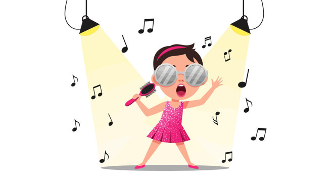Enthusiastic girl cartoon character singing with a hairbrush under spotlight beams radiating creative energy and joy in performance