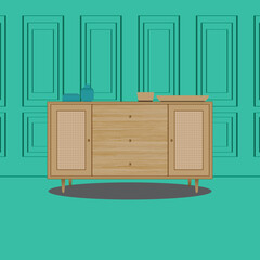 WOOD TABLE WITH BOWL AND BOTTLE DESIGN VECTOR