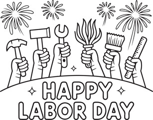 Labor Day Celebration Outline Tools and Fireworks Vector