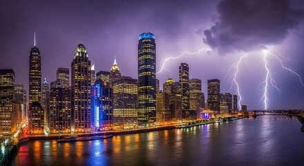 Obraz premium Pan across illuminated skyscrapers reflecting on a river in the city