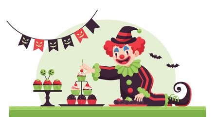 Festive Halloween celebration with a clown arranging cupcakes at a party atmosphere