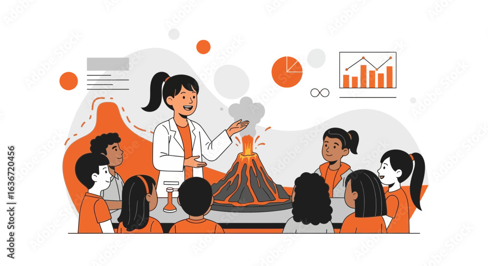 Poster enthusiastic teacher demonstrates an erupting volcano experiment to students in a science class