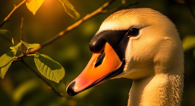 Close-up of swan&rsquo;s head with black eye and orange beak under soft afternoon light, photorealistic