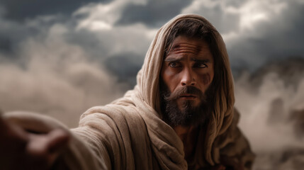 A scarred man kneels among ancient tombs under a stormy sky. Jesus extends His hand. Dark shadows rise like smoke from the man&rsquo;s body and vanish. Thunder echoes as peace returns to his soul...