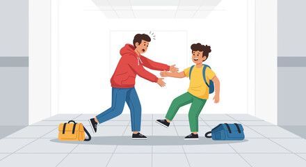 Enthusiastic Young Students Meeting in School Hallway Illustration Vector Design