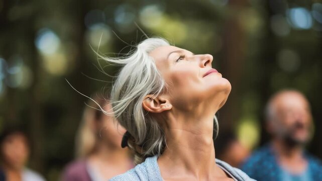 Peaceful middle-aged woman meditating outdoors with eyes closed, surrounded by blurred people in the background.