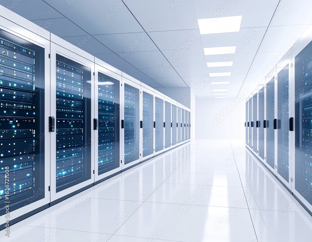 Poster long, brightly lit hallway in a modern data center with rows of server racks.