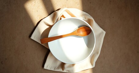 Simple rustic table setting with an empty white ceramic bowl and wooden spoon in warm natural sunlight, representing a minimalist lifestyle.