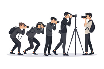 Photographer at Work: Dynamic depiction showcases a photographer at different stages of work, including camera use and focusing. A representation of focus and action.