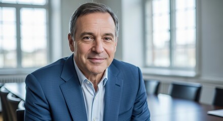 Fototapeta premium A confident middle-aged caucasian man in a blue suit smiling and looking at camera in a professional office setting. Leadership and business success concept.