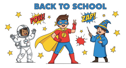 Fototapeta premium Excited Students Dressed Up for Back To School Superhero Theme Party