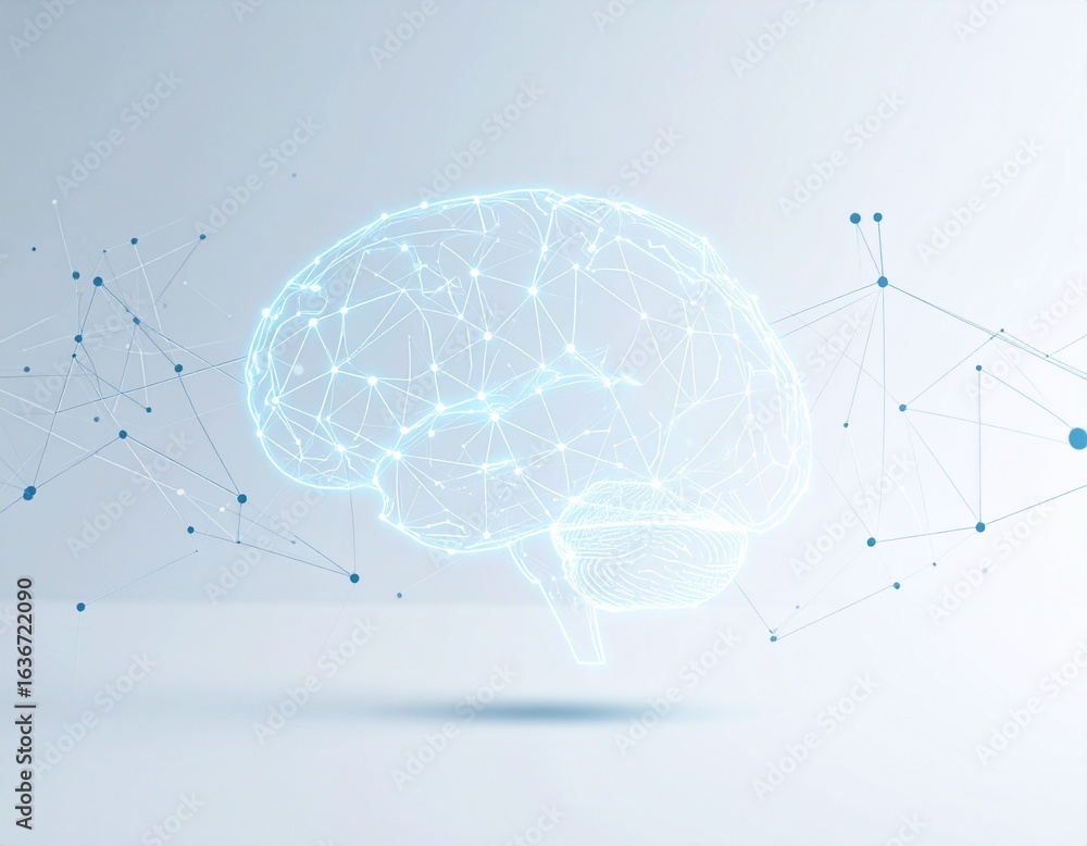 Poster digital illustration of a glowing brain with connected nodes, representing neural networks and artif