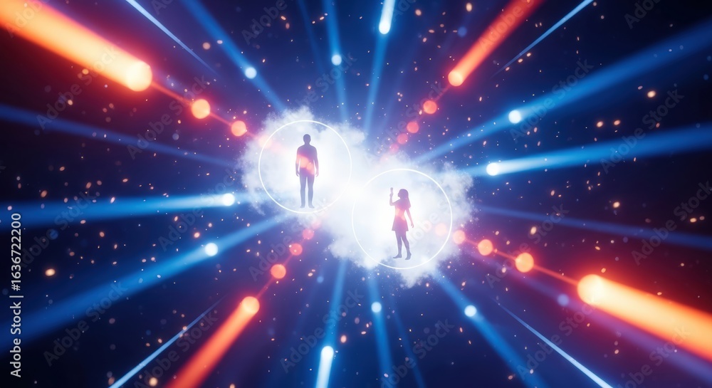 Poster man and woman silhouette inside glowing clouds with light beams. data connection and digital communi