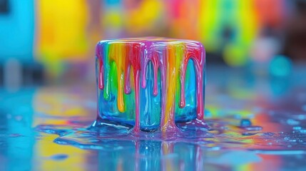 Melting rainbow cube drips vibrant colors
