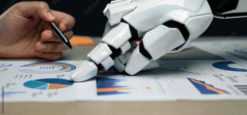 Poster a robotic hand reaches out to interact with detailed graphs and charts, showcasing the intersection 