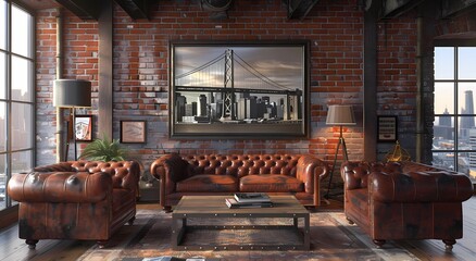 A rustic living room with distressed leather sofa