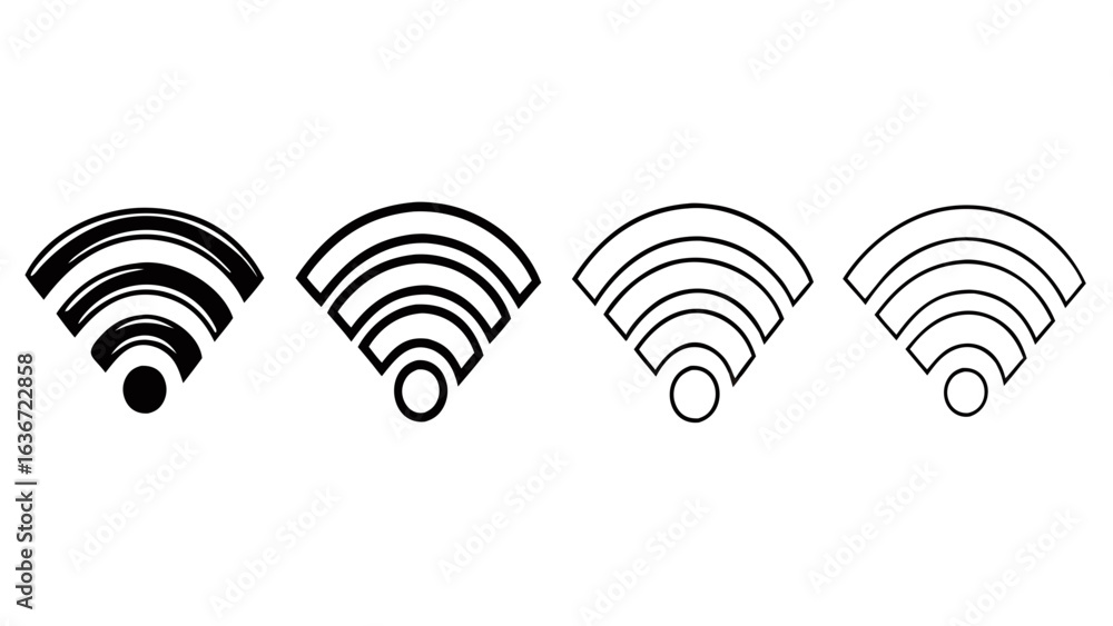 Poster four wifi signal icons in varying styles showing signal strength on a white background as vector art