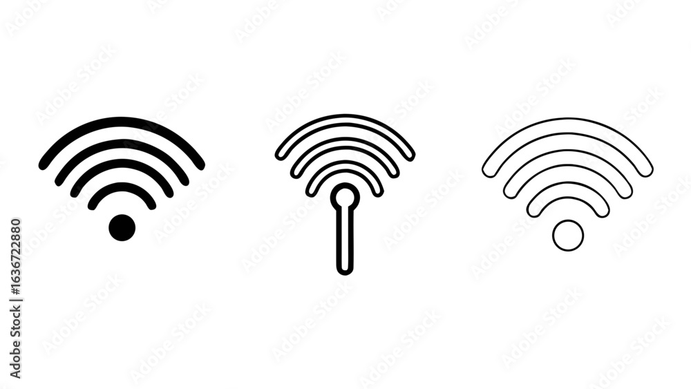 Poster three variations of wifi signal icons in black and white outline communication technology representa