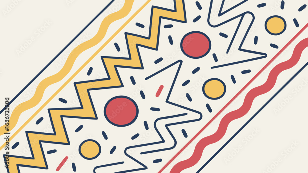 Poster diagonal pattern with zigzags circles and dashes in yellow red and black on a light background color
