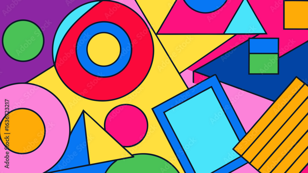 Poster abstract geometric composition featuring circles triangles and rectangles in bright colors and black