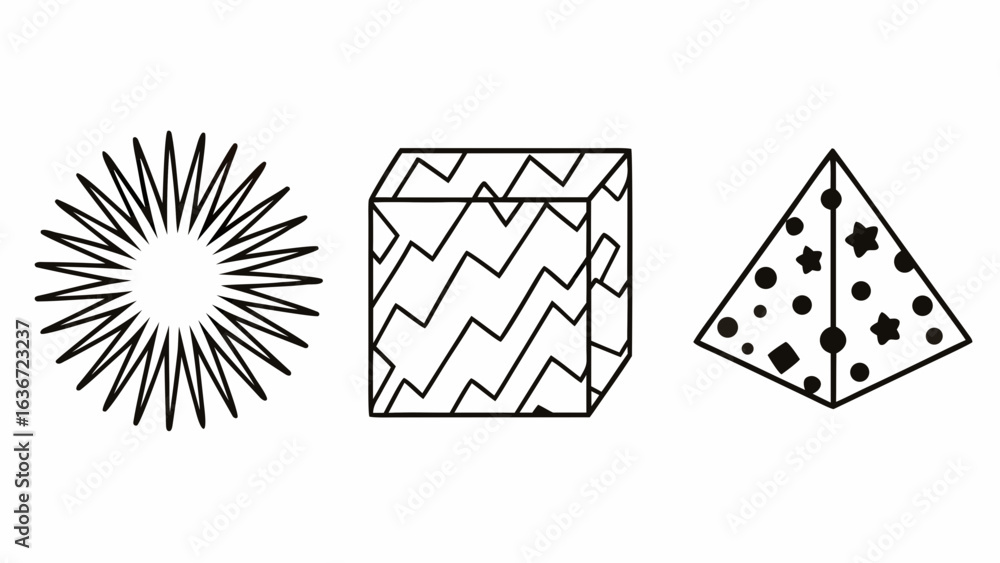 Aufkleber illustration of a spiky circle, a cube with zigzag lines, and a pyramid with shapes on a white backg