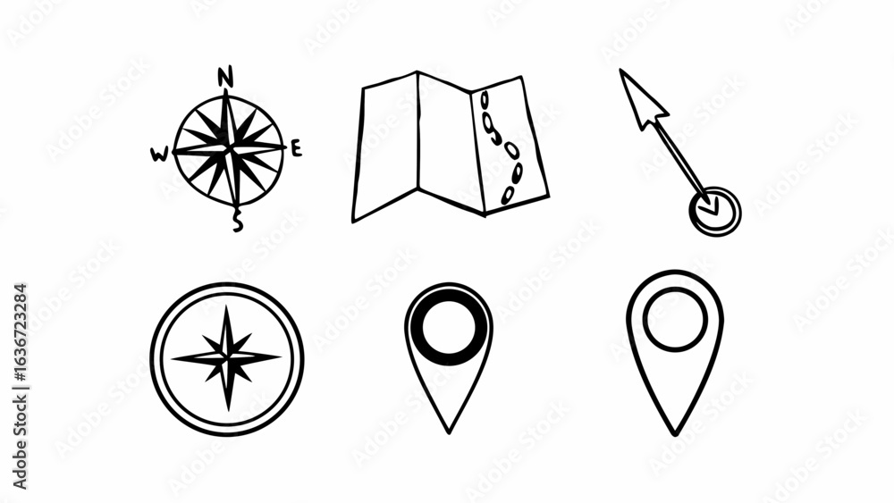 Poster a collection of hand drawn navigation icons including compass map and location markers isolated crea