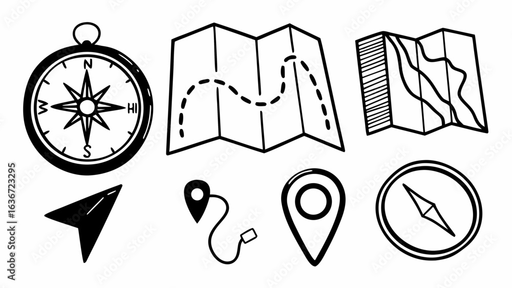 Poster illustration of navigation tools including compasses maps and location pins in a simple black outlin
