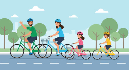 Family Cycling Together On Weekend In Park Under Bright Sky Vector Illustration