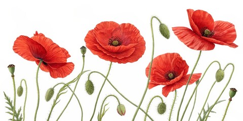 Naklejka premium Botanical Watercolor Red Poppies, Floral Illustration, Flower Art Poppy, Botanical Illustration