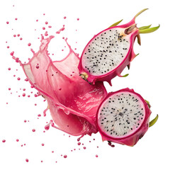Dragon fruit splash pink juice isolated on transparent background