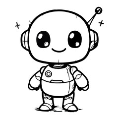 Cute friendly cartoon robot character illustration, line art